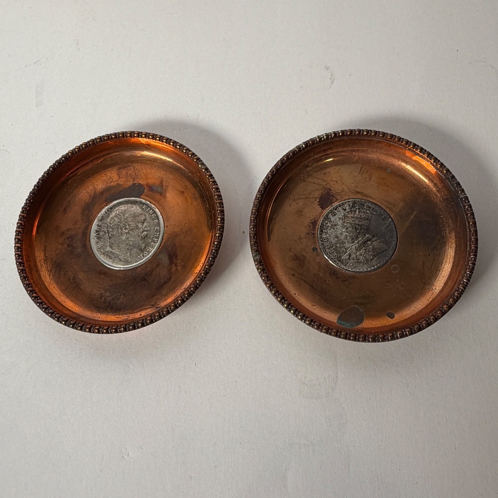 VTG Copper Coin Dishes Set 2 New Delhi Third Place Team 1906 1912 Silver Rupee